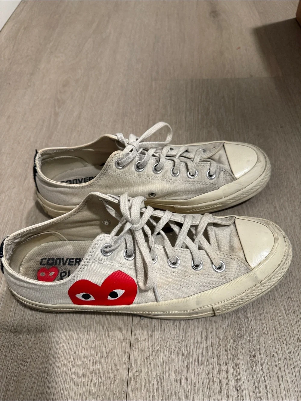 Comme des Garcons PLAY Off-White Canvas Low-Top Sneakers with Red Heart